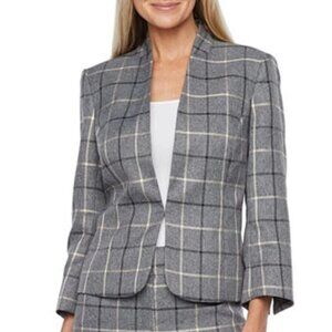 Eva & Picone Black Label Womens Plaid Open Front Blazer Gray Size 6